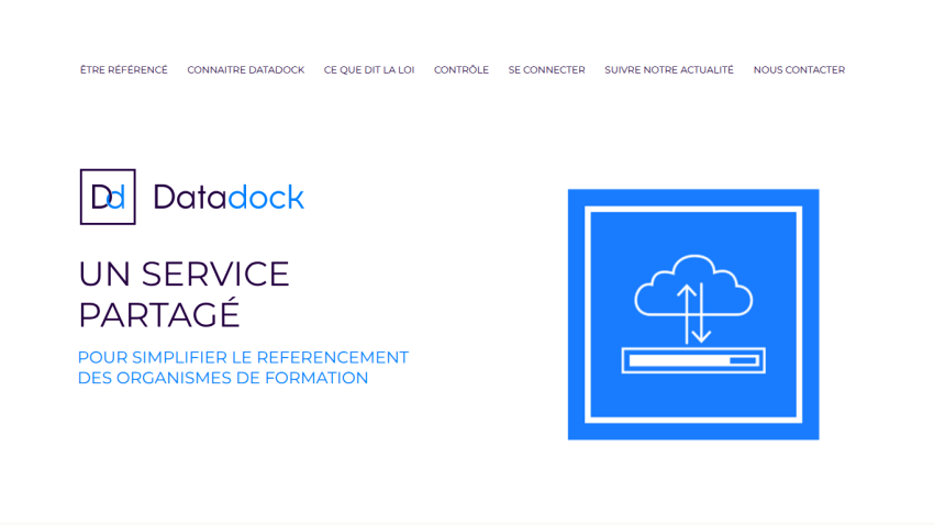 DataDock service homepage with navigation links and hero text about simplifying training organization referencing