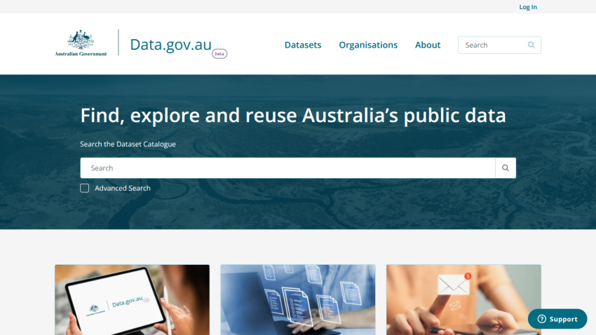 Homepage of Data.gov.au featuring a search bar for public data.