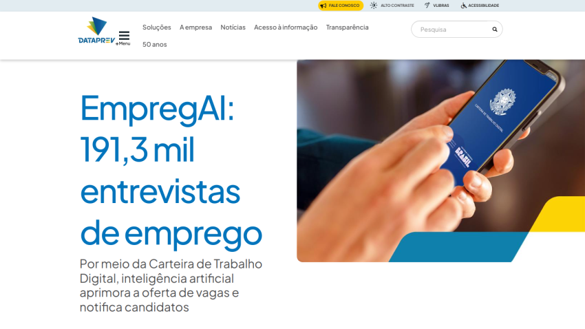 Homepage featuring EmpregAI with job interview statistics and digital job services information.