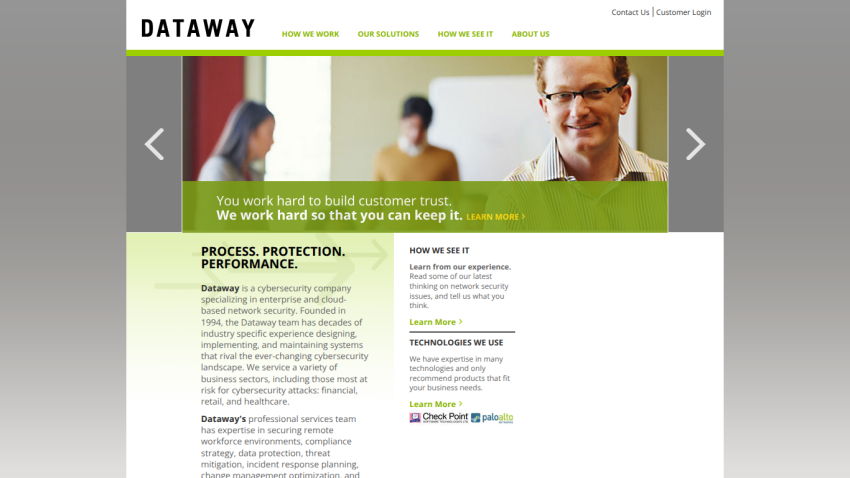 Dataway cybersecurity company homepage with navigation, hero image, and overview of services and technologies used