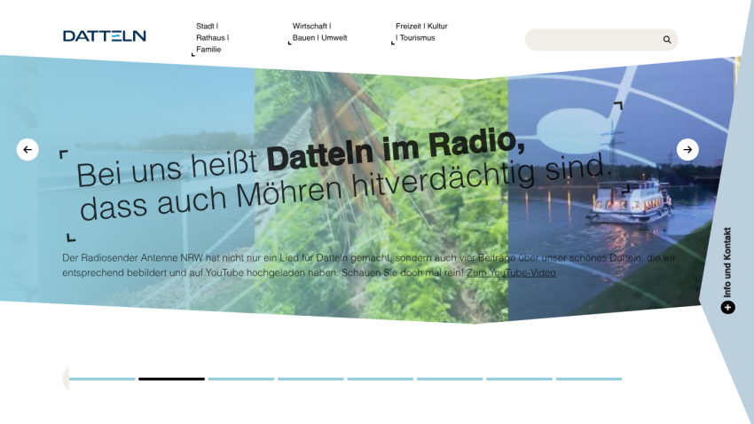 Datteln city website with navigation, search bar, and a featured radio segment about Datteln with images