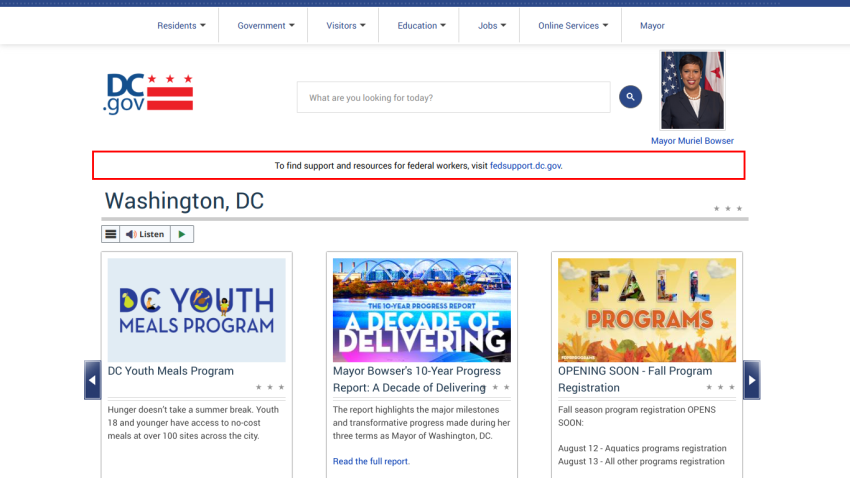 Homepage of DC.gov featuring programs and resources for Washington, DC.