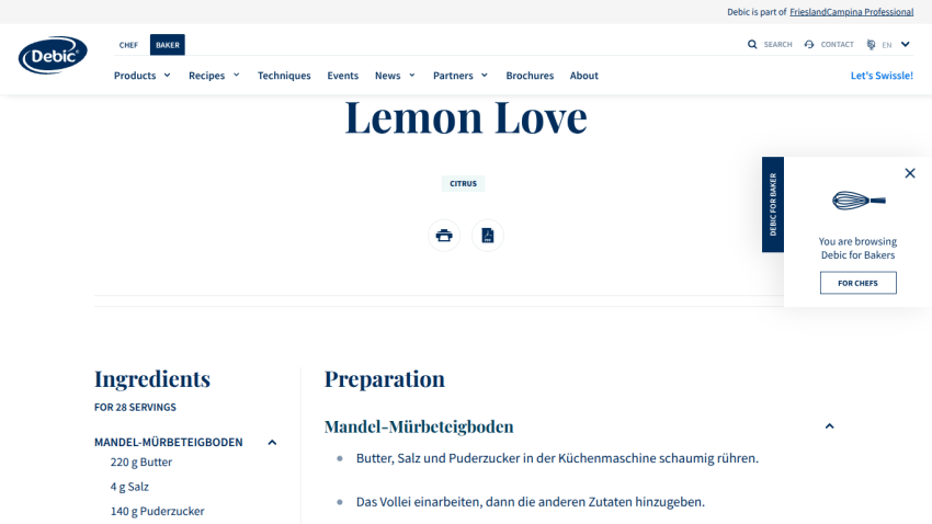 Debic website showing Lemon Love recipe with ingredients and preparation instructions for Mandel-Mürbeteigboden.