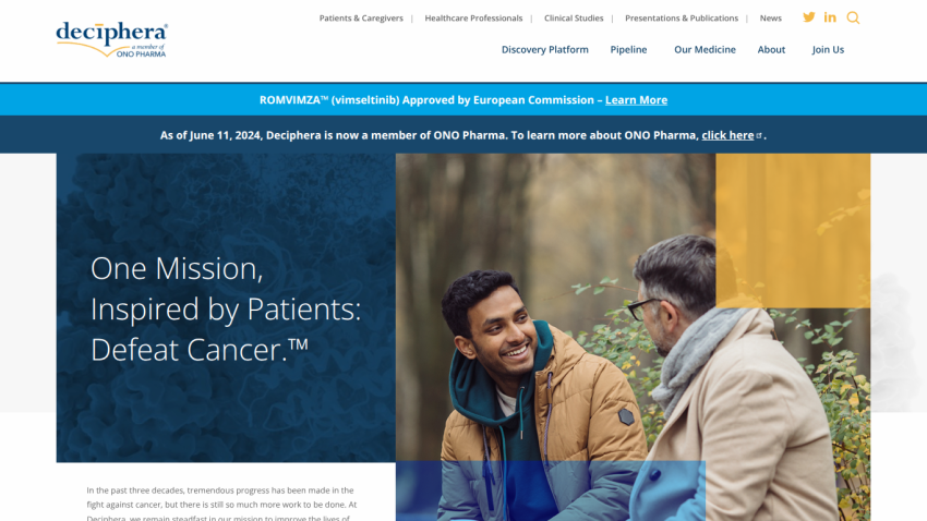 Deciphera website with mission statement to defeat cancer and image of two men talking outdoors