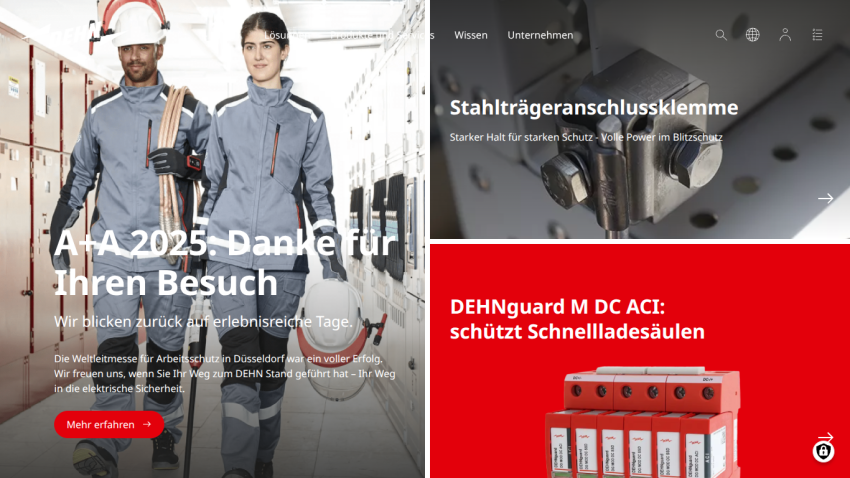 Website homepage showing workers in safety gear and product highlights for electrical safety and protection solutions.
