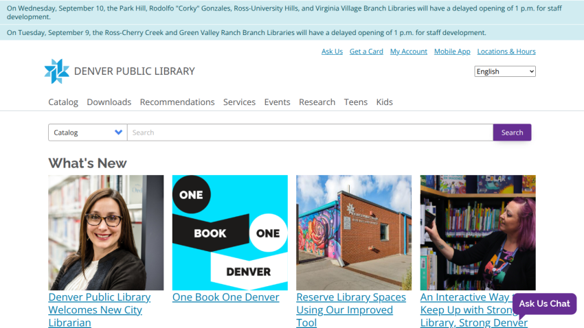 Denver Public Library homepage featuring new book highlights and library services.