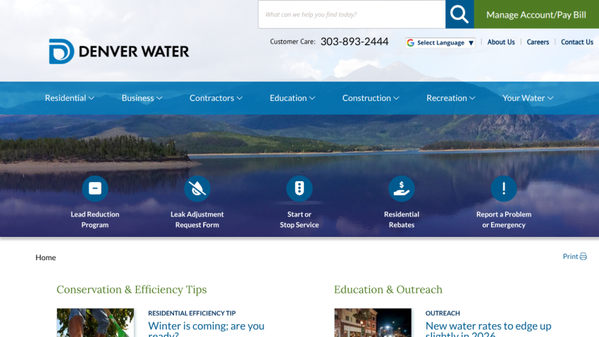 Denver Water homepage with navigation menu, customer care contact, and sections on conservation tips and education outreach