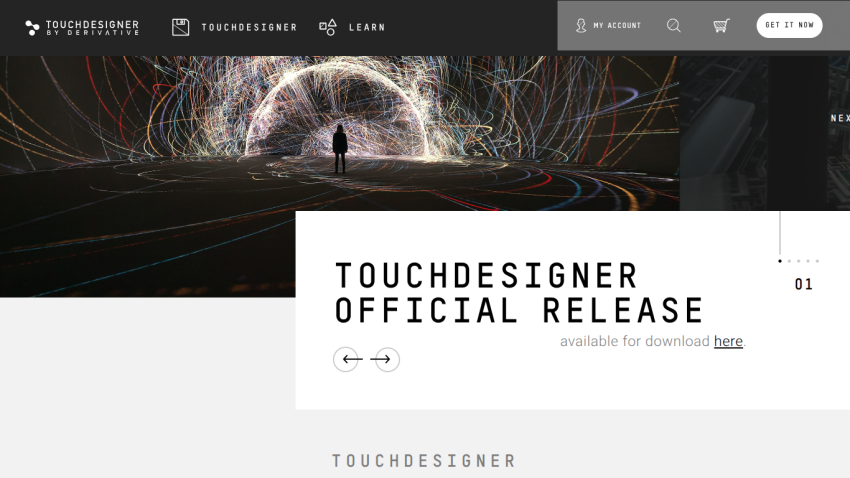 TouchDesigner official release section with download link and visual background.