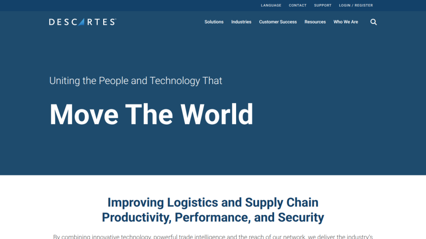 Homepage of Descartes featuring a tagline about logistics and supply chain.