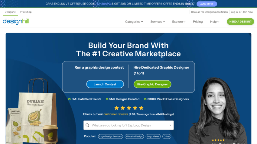 Homepage of a creative marketplace promoting graphic design services with a call to action.