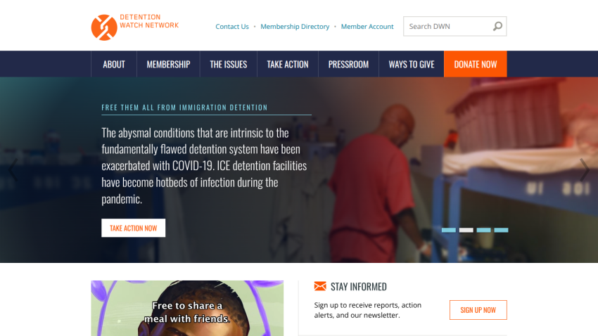 Detention Watch Network homepage with navigation, a call to action about immigration detention conditions, and newsletter signup.