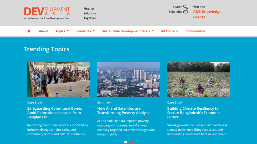 Development Asia website showing trending topics on safeguarding communal bonds, AI in poverty analysis, and climate resiliency in Bangladesh