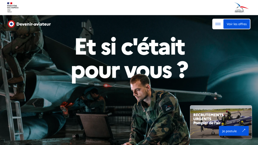 French Air and Space Force recruitment page with headline 'Et si c'était pour vous ?' and urgent firefighter recruitment call
