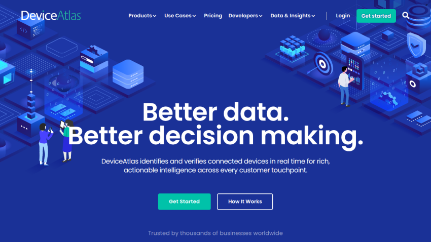 Homepage of DeviceAtlas with a tagline on data and decision making, featuring a call-to-action button.