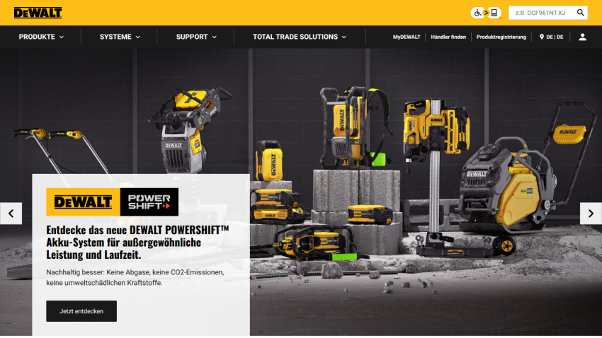 DEWALT homepage featuring POWERSHIFT battery system with multiple power tools and promotional text in German