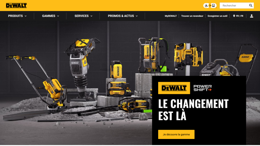 DeWalt PowerShift tools displayed with text 'Le changement est là' and a button to discover the range