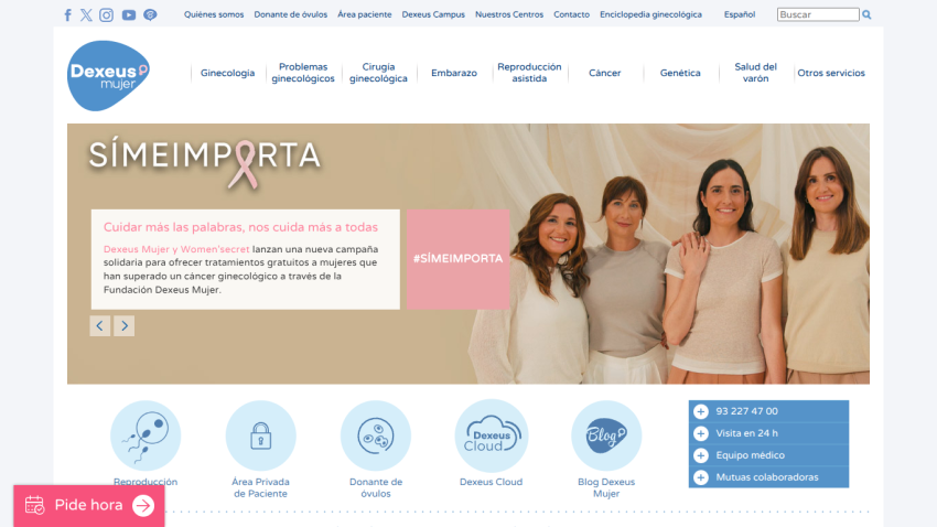 Dexeus Mujer website homepage with campaign for free treatments for women overcoming gynecological cancer and navigation menu