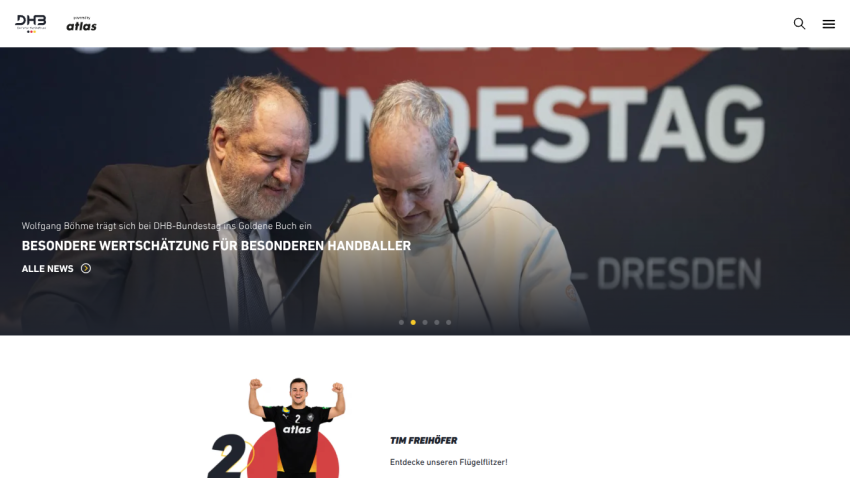 DHB Bundestag website hero featuring news headline about Wolfgang Böhme's special recognition for a handball player