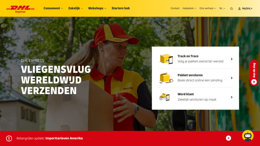 DHL Express homepage with navigation and options to track, send packages, and become a customer, featuring a delivery person holding a package