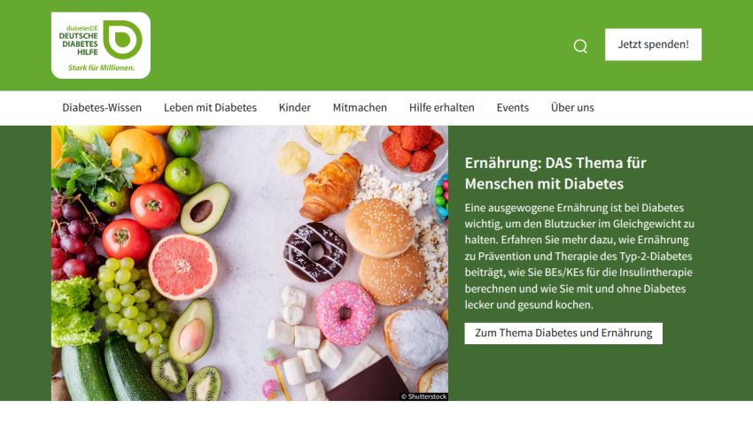 Website about diabetes nutrition with colorful fruits and pastries image and text on balanced diet for diabetes management