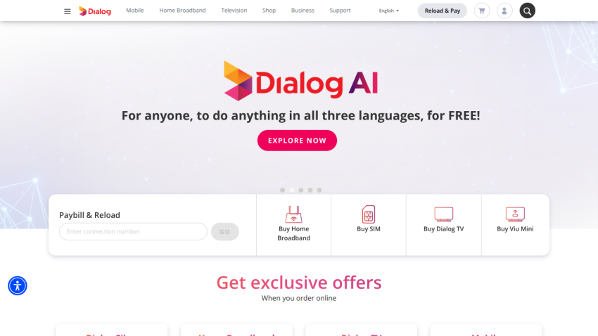 Homepage of Dialog AI featuring language services and a call to action to explore.