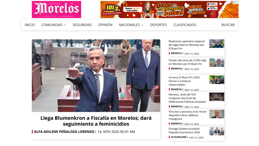News website homepage with headline about Blumenkrons investigation in Morelos and navigation menu