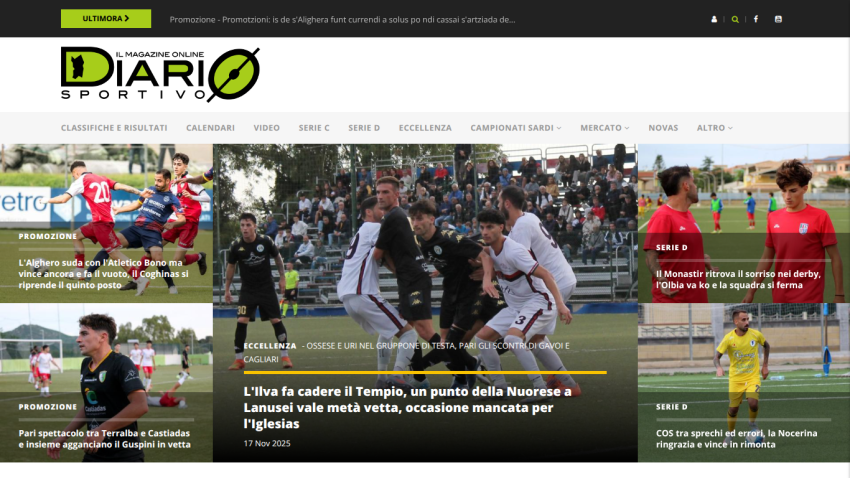 Sports news homepage featuring recent soccer match highlights and league updates in Italian