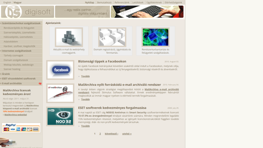 Digisoft website offering IT services including email, web hosting, and antivirus software with news and tips sections.