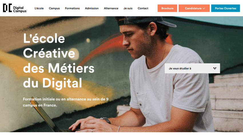 Digital Campus homepage with navigation and headline about creative digital careers and study options in France