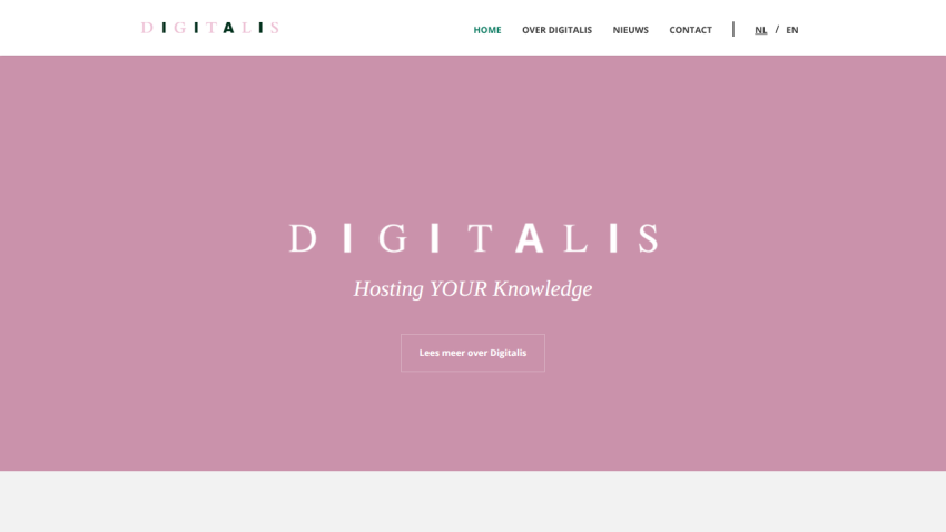 Digitalis website homepage with navigation and a hero section stating Hosting YOUR Knowledge and a button to learn more