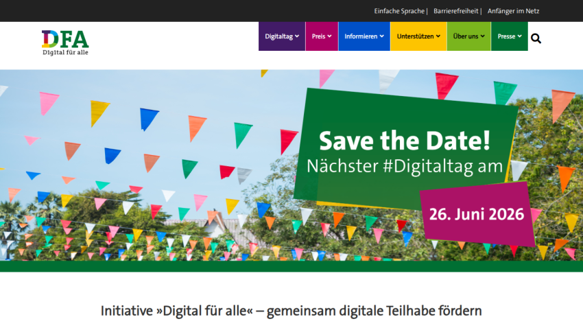 Digital für alle website promoting next Digitaltag event on June 26, 2026 with colorful flags and navigation menu