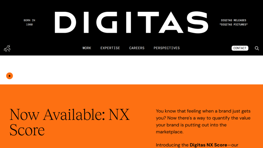 DIGITAS website header with navigation and NX Score hero section on black background