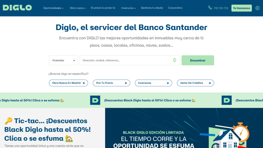 Real estate service Diglo by Banco Santander offers property opportunities with search and special Black Diglo discounts up to 50%.