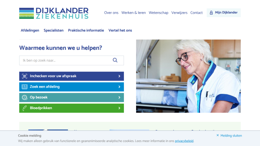 Dijklander Ziekenhuis hospital homepage with navigation, search bar, appointment check, department search, visit info, and blood test options