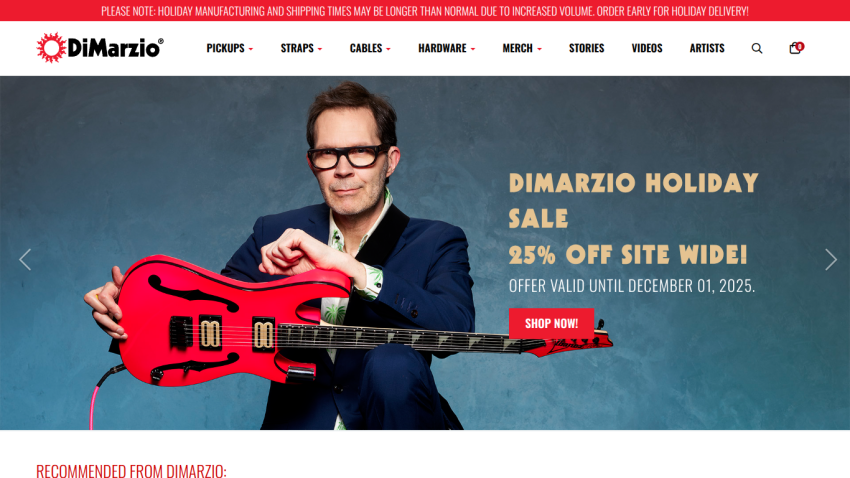 DiMarzio website showing holiday sale with 25% off sitewide and a man holding a red guitar