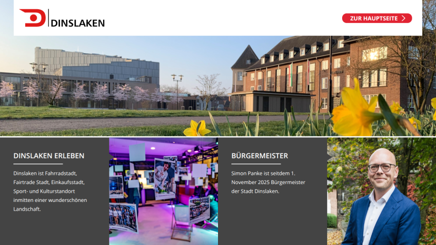 City of Dinslaken website with hero image of buildings and daffodils, info about city and mayor Simon Panke