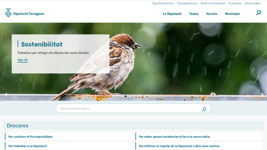 Diputació Tarragona website with a bird image and sustainability message about mitigating climate change.