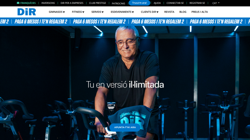 DiR gym website with a senior man on a stationary bike and text promoting unlimited version