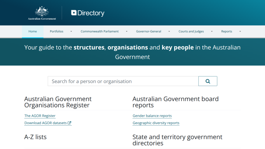 Australian Government Directory homepage with search bar and links to government organisations register, board reports, and directories.