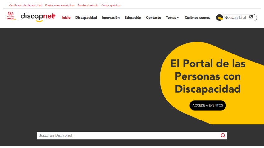 Portal homepage for people with disabilities featuring navigation menu, search bar, and event access button
