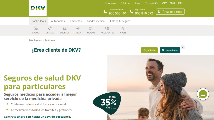 Health insurance for individuals by DKV with up to 35% discount, emphasizing private medical service and customer support