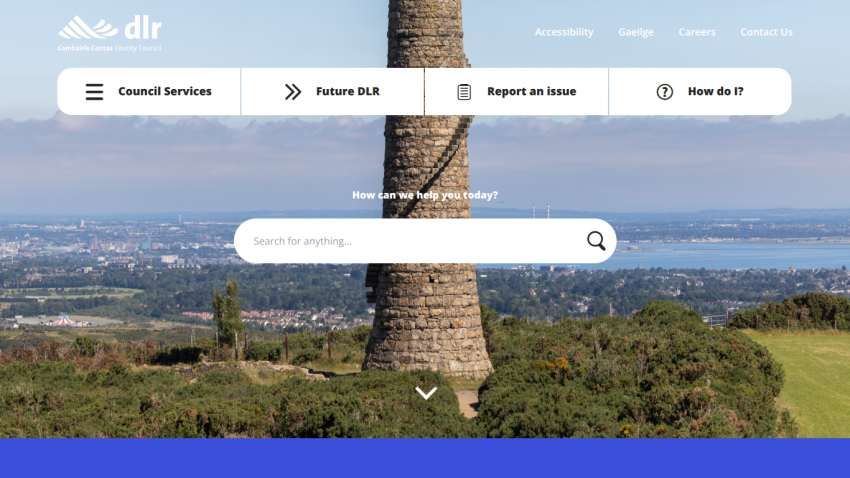 County council website homepage with navigation menu and search bar over scenic landscape background.