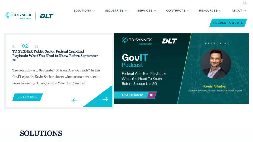 TD SYNNEX Public Sector website featuring a GovIT podcast on Federal Year-End Playbook with Kevin Shaker