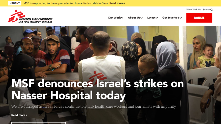 MSF denounces strikes on Nasser Hospital; urgent humanitarian message displayed prominently.