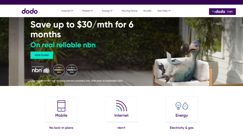 Promotional banner for Dodo offering savings on NBN services with icons for mobile, internet, and energy.