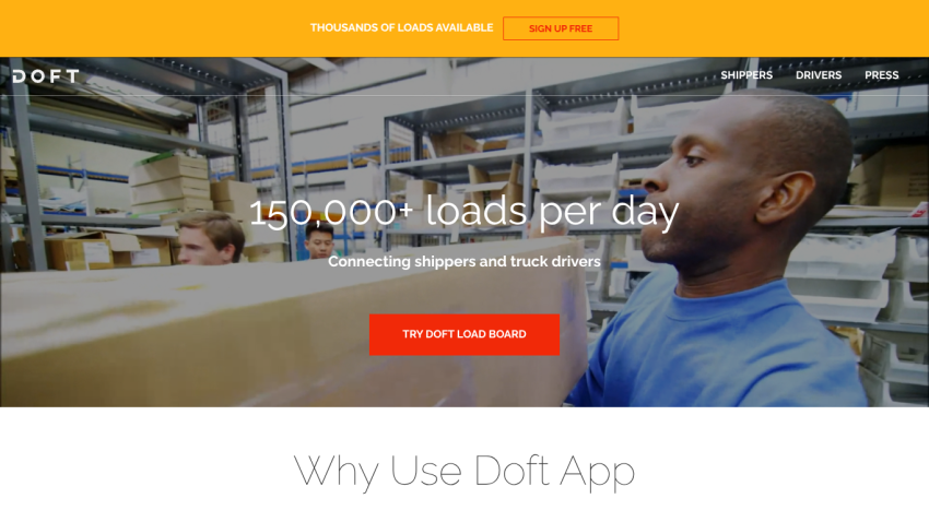 Doft app homepage showing 150,000+ loads per day connecting shippers and truck drivers with a call to action button