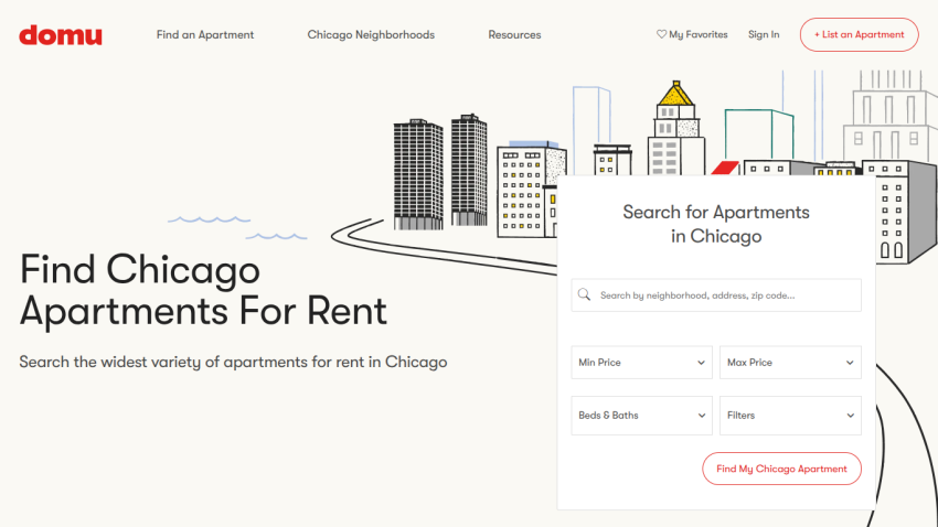 Apartment rental website homepage with search form for Chicago apartments including filters for price, beds, and baths
