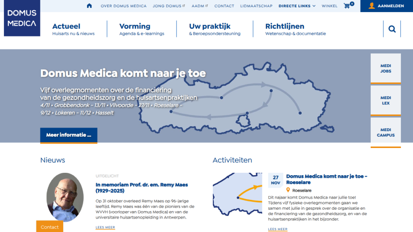 Domus Medica homepage with navigation, announcement of local meetings on healthcare financing, news about Prof. Remy Maes, and upcoming activities.