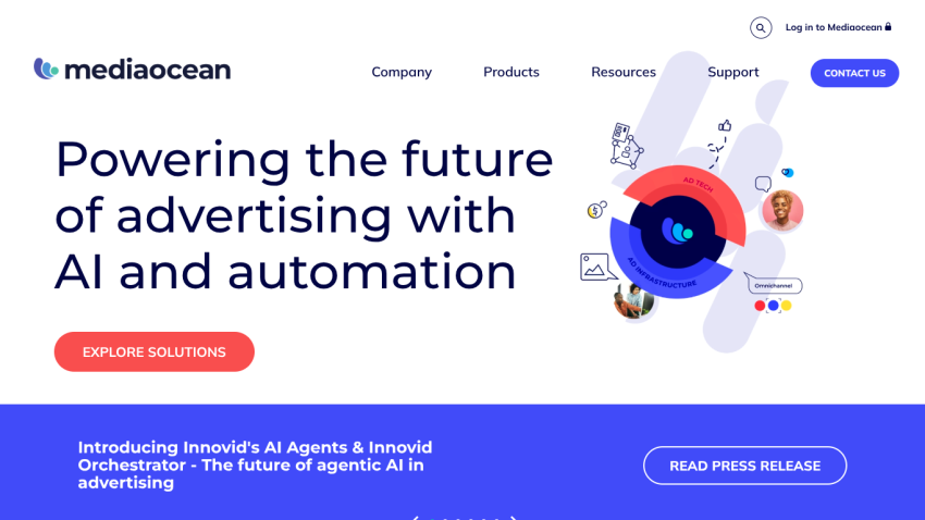 Mediaocean homepage highlighting AI and automation in advertising with call to action buttons