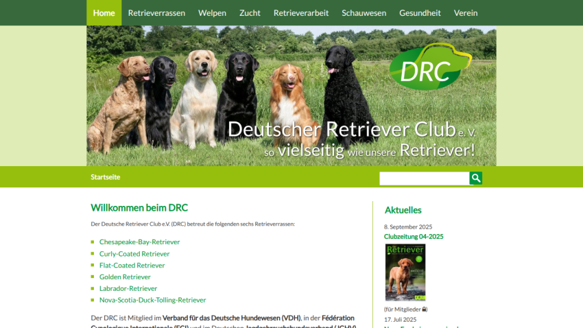 Deutscher Retriever Club homepage with navigation, hero image of six retrievers, and welcome text listing retriever breeds
